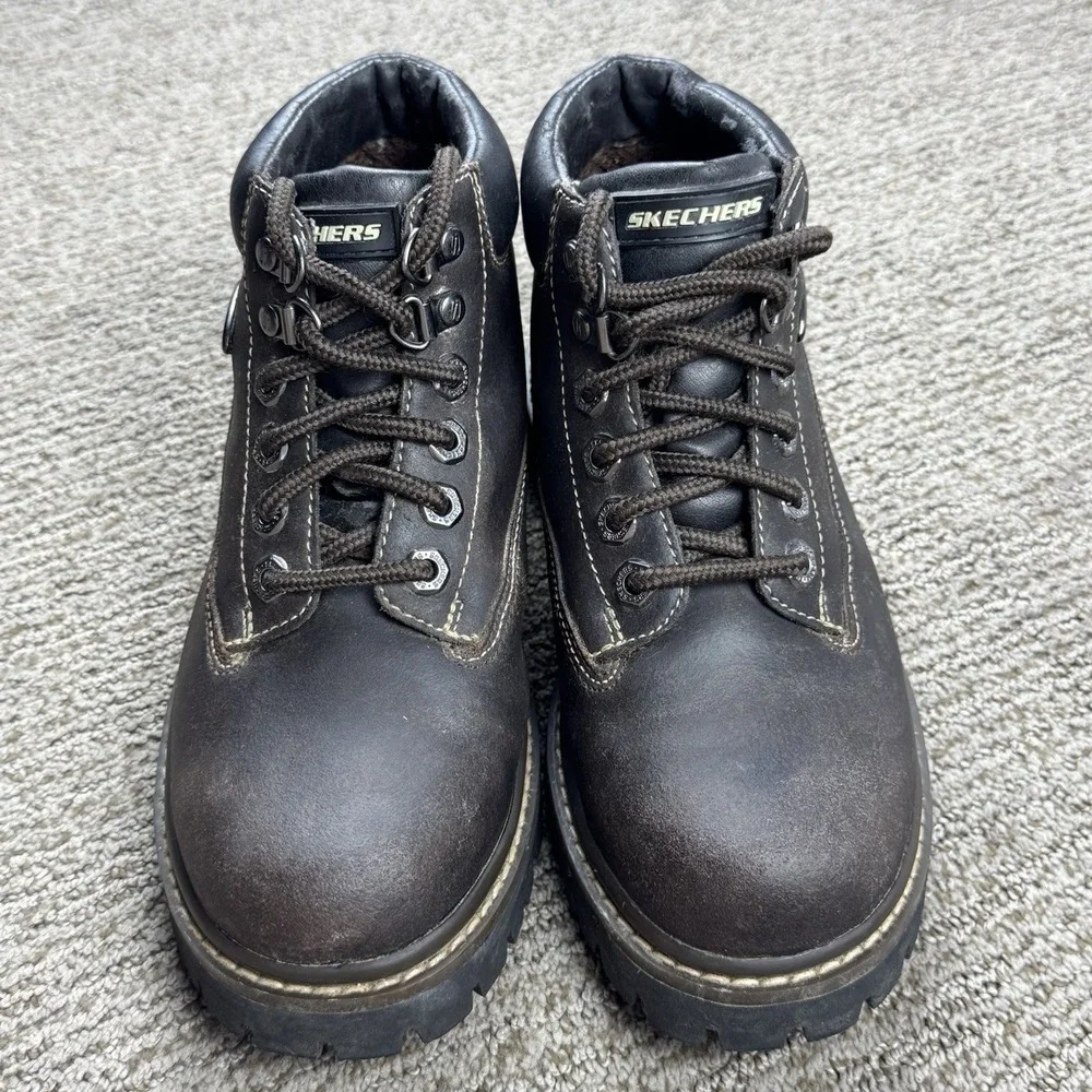 VTG Skechers Womens 7.5 Chunky Ankle Boot Lug Work Leather Brown Punk Y2K 90s